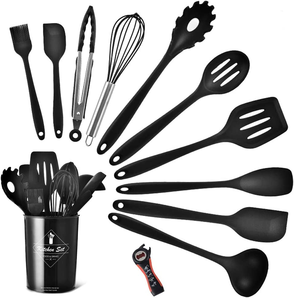 Silicone Kitchen Utensil Set, Heat - Resistant Non - Stick Silicone Cooking Gadgets Tools (Black Holder) - Love All Things Home