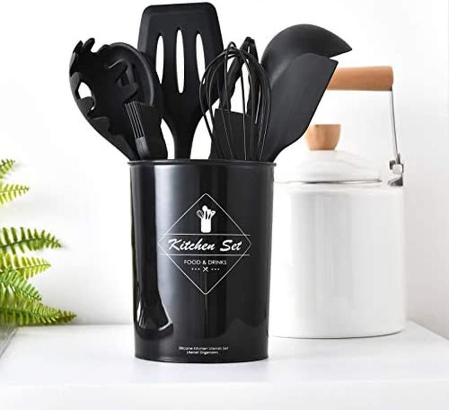 Silicone Kitchen Utensil Set, Heat - Resistant Non - Stick Silicone Cooking Gadgets Tools (Black Holder) - Love All Things Home