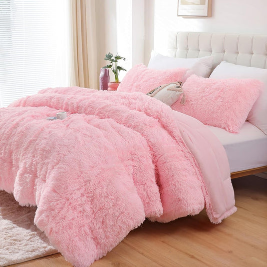 Smoofy Fluffy Queen Comforter Set, Pink Queen Size, Soft Shaggy Bed Set Pink for All Season, 3 Pieces  - Love All Things Home