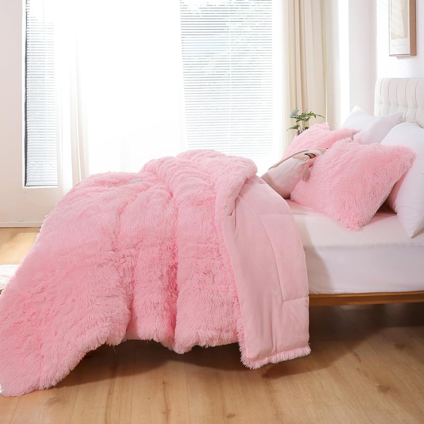 Smoofy Fluffy Queen Comforter Set, Pink Queen Size, Soft Shaggy Bed Set Pink for All Season, 3 Pieces  - Love All Things Home