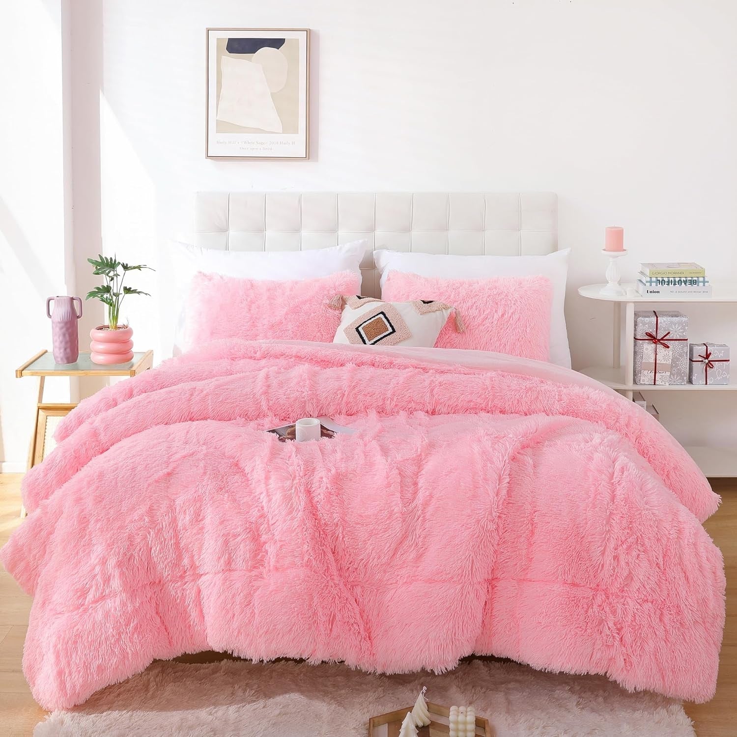 Smoofy Fluffy Queen Comforter Set, Pink Queen Size, Soft Shaggy Bed Set Pink for All Season, 3 Pieces  - Love All Things Home