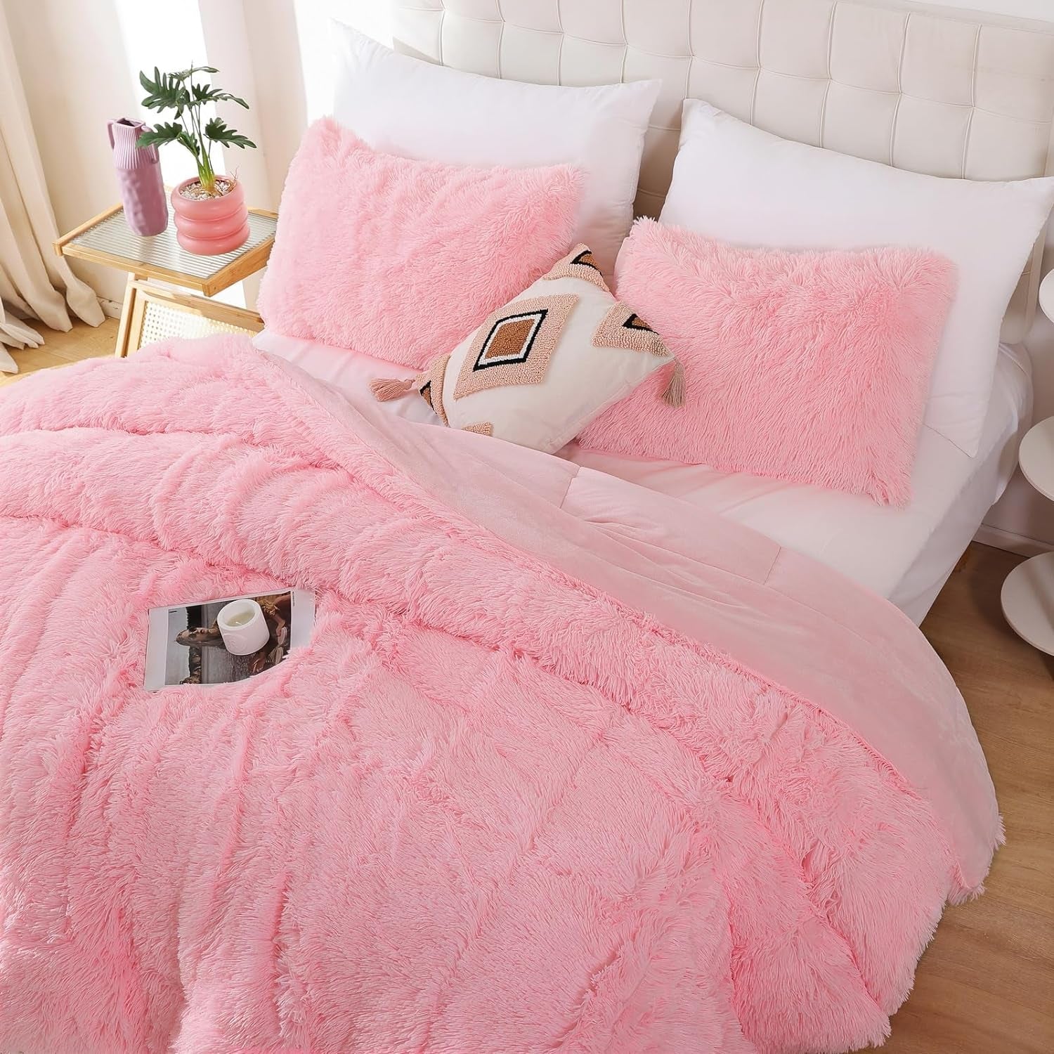 Smoofy Fluffy Queen Comforter Set, Pink Queen Size, Soft Shaggy Bed Set Pink for All Season, 3 Pieces  - Love All Things Home