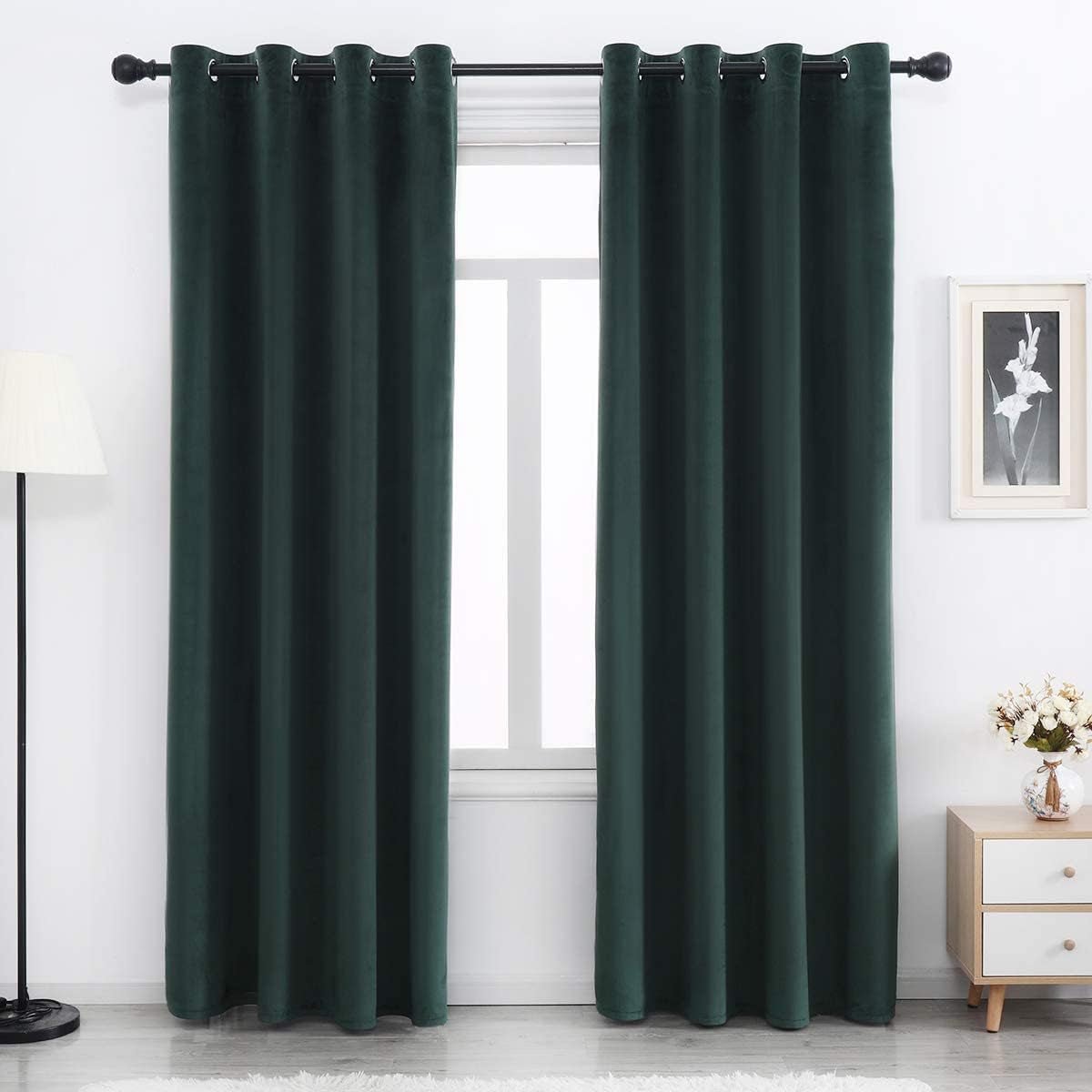SPXTEX Green Velvet Blackout Curtains - 84 Inch Long Grommet Velvet Window Curtain Panels - Set of 2 Heat Insulated, Thermal Light Blocking Panels for Bedroom - Love All Things Home