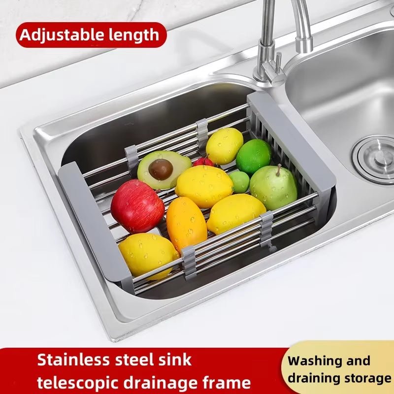 Stainless Steel Kitchen Sink Drain Rack Extendable Dish Drying Rack Drain Basket Fruit Vegetable Washing Drainer Storage Rack - Love All Things Home