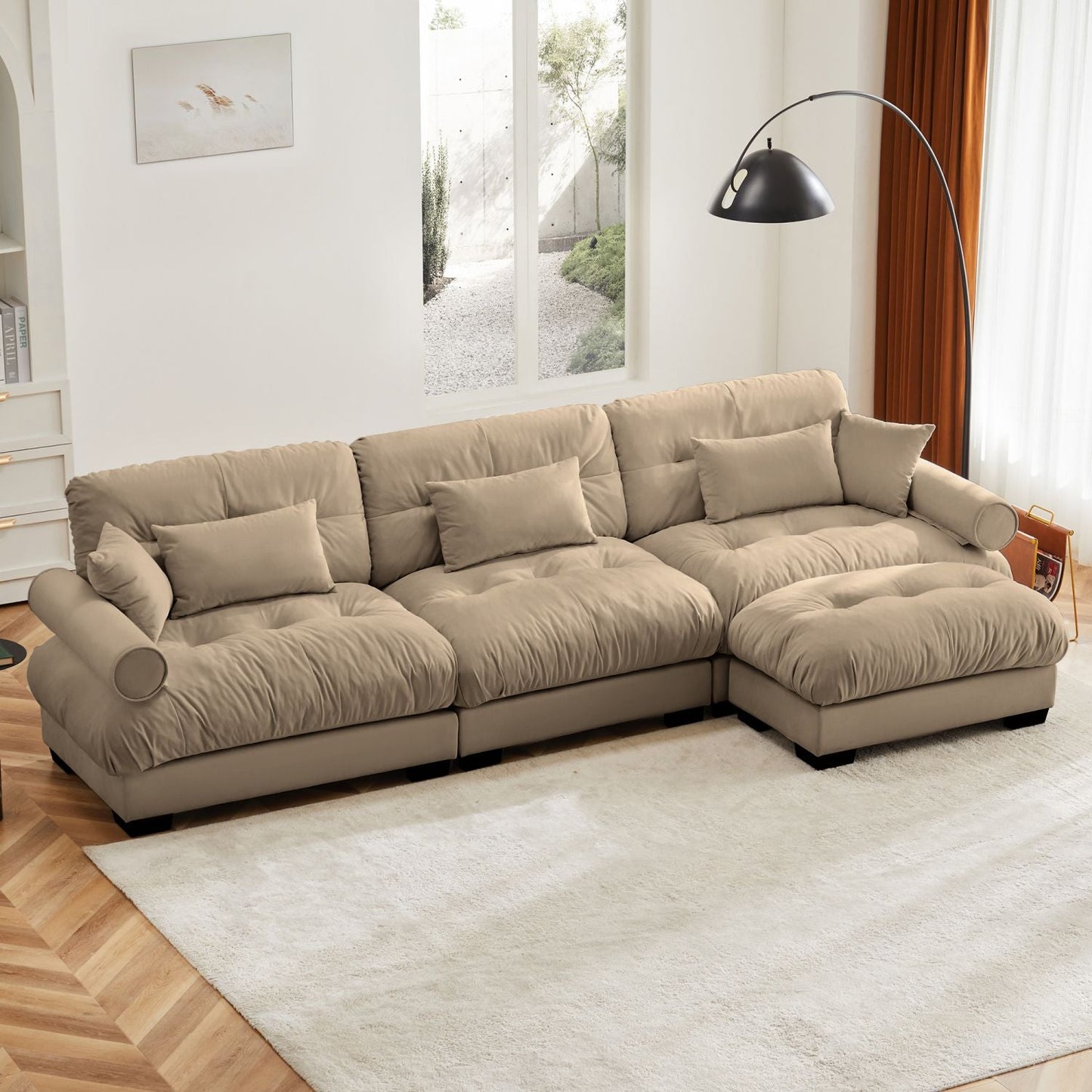 Super Comfort Oversized Modular Velvet Sectional Sofa Couch with Movable Ottoman,Corner Sectional with Bolstered Armrests, Deep Seat Cloud Couch, Convertible L Shaped Couch for Living Room Camel - Love All Things Home