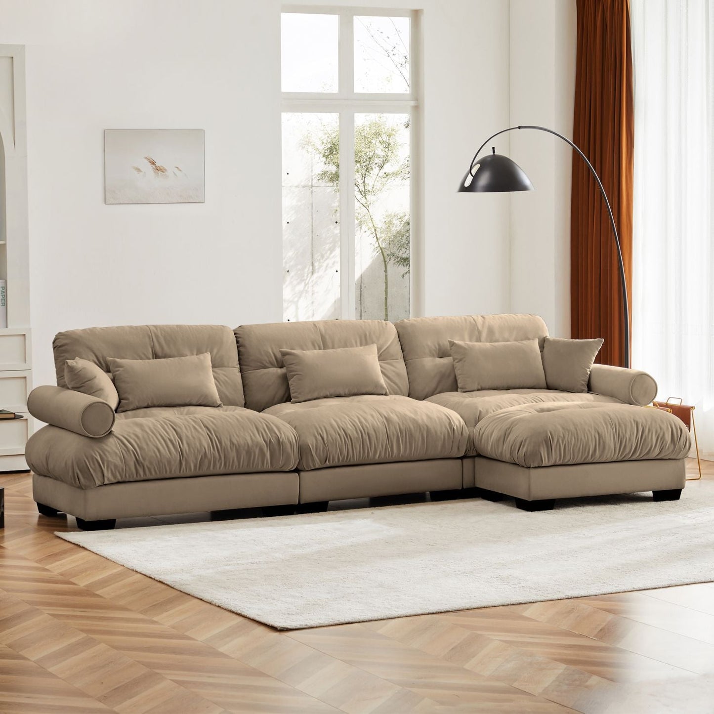 Super Comfort Oversized Modular Velvet Sectional Sofa Couch with Movable Ottoman,Corner Sectional with Bolstered Armrests, Deep Seat Cloud Couch, Convertible L Shaped Couch for Living Room Camel - Love All Things Home