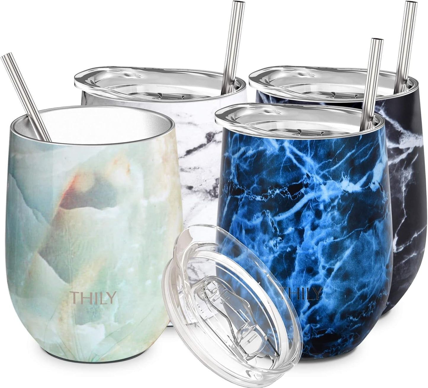 THILY Stainless Steel Stemless Wine Tumbler 4pk Vacuum Insulated Sliding Lids and Straws, 12 Oz, Marble - Love All Things Home