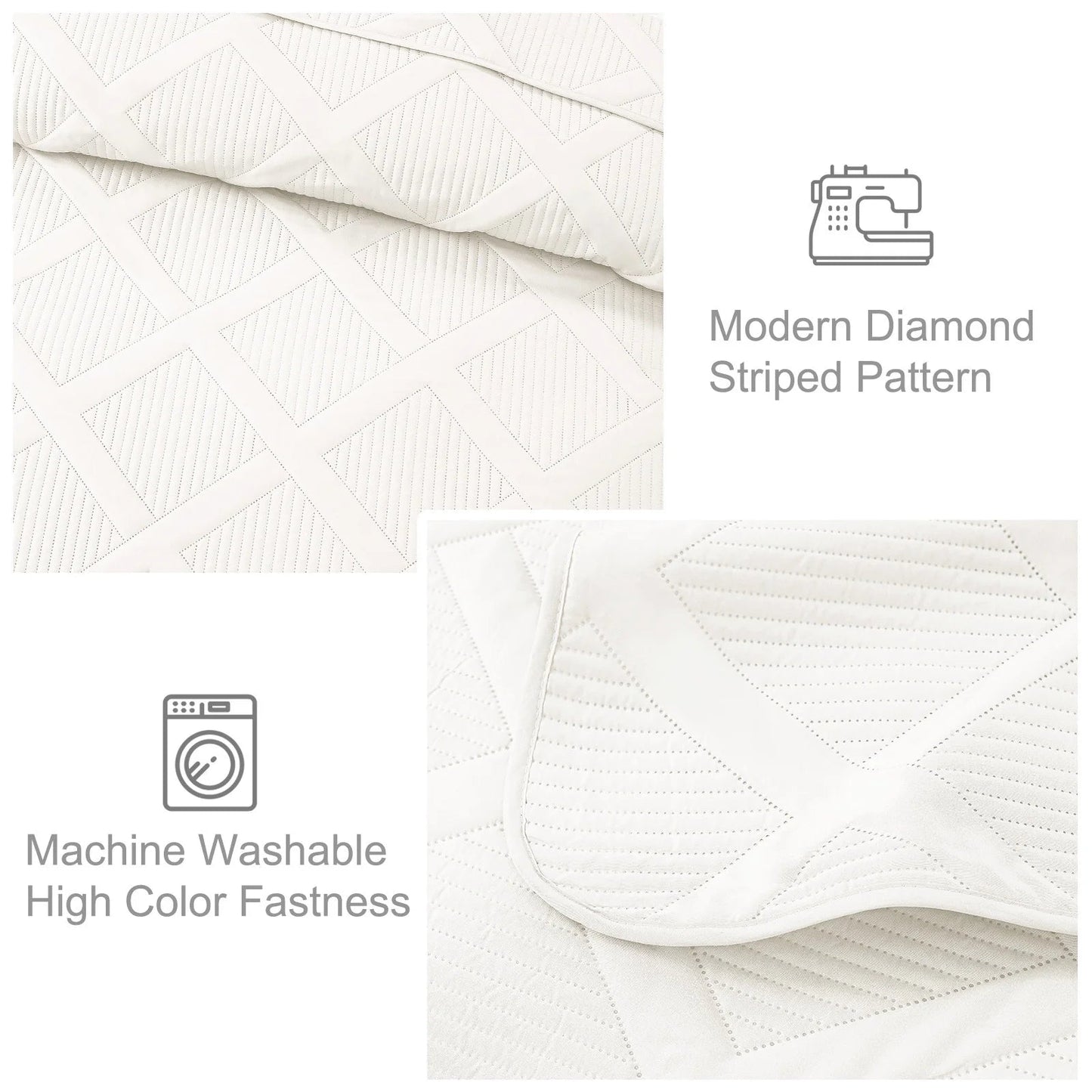 Ultrasonic King Quilt Set, 3 - Piece Lightweight Bedspreads Modern Striped Coverlet, White - Love All Things Home