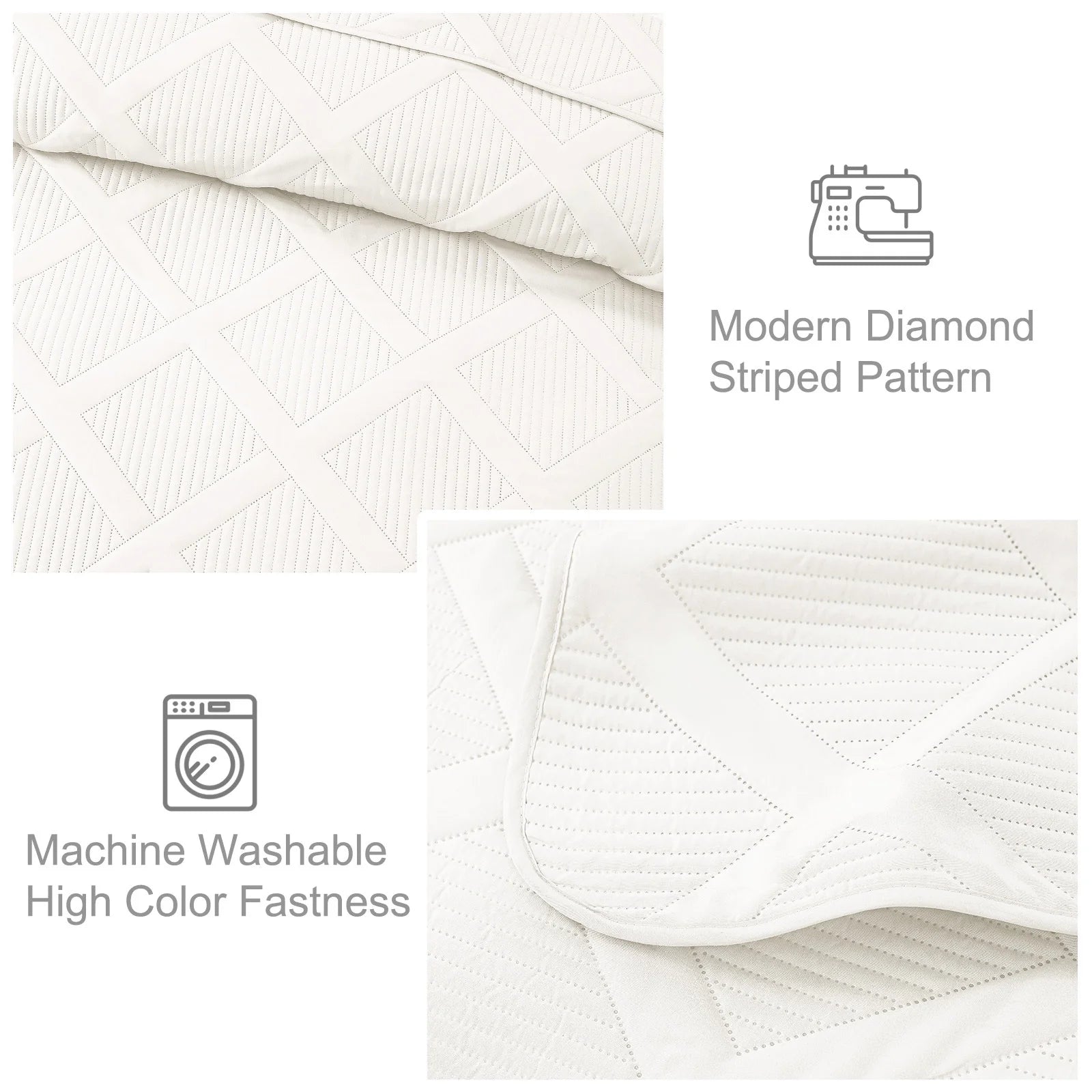Ultrasonic King Quilt Set, 3 - Piece Lightweight Bedspreads Modern Striped Coverlet, White - Love All Things Home