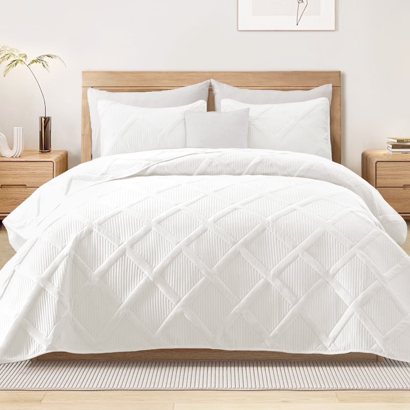 Ultrasonic King Quilt Set, 3 - Piece Lightweight Bedspreads Modern Striped Coverlet, White - Love All Things Home