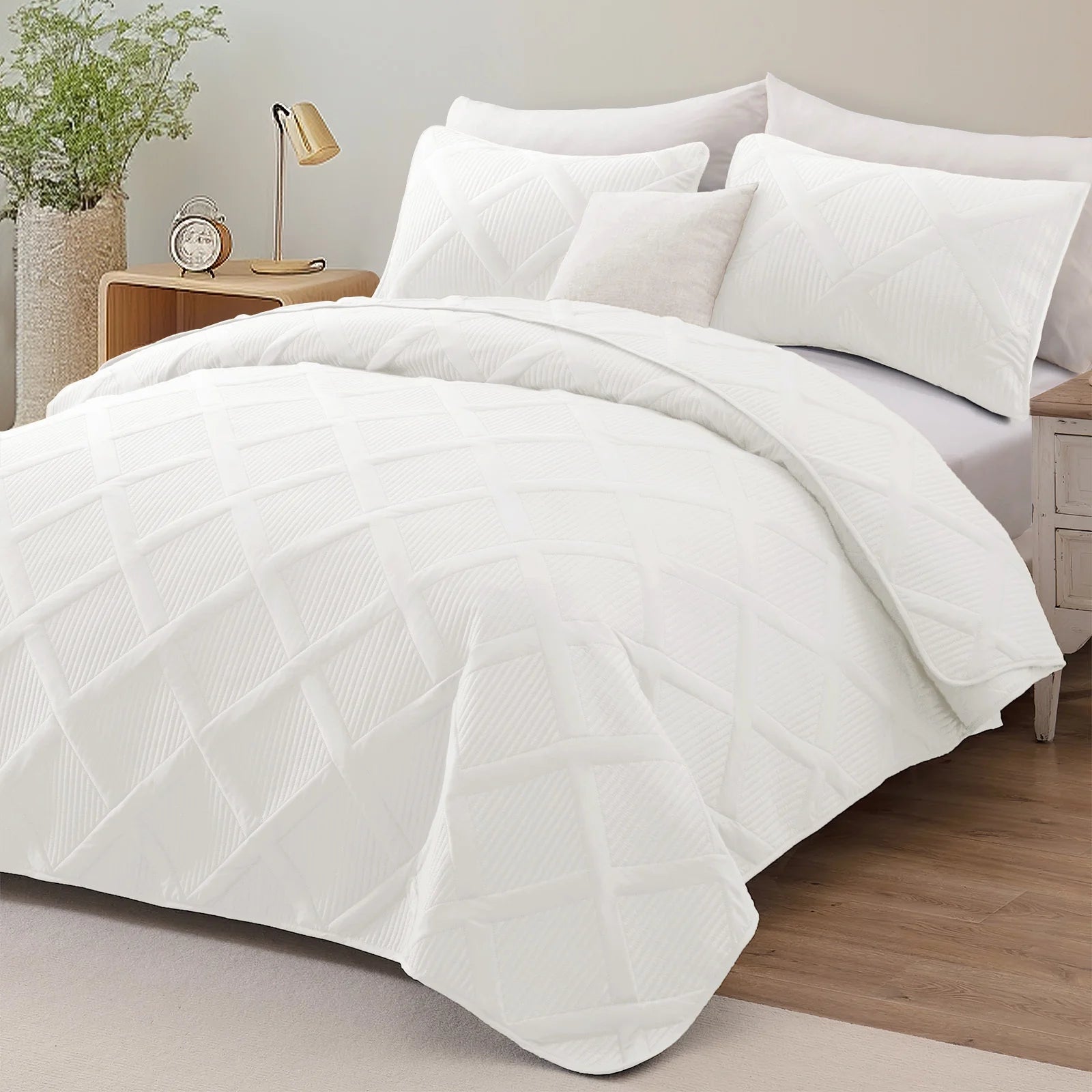 Ultrasonic King Quilt Set, 3 - Piece Lightweight Bedspreads Modern Striped Coverlet, White - Love All Things Home