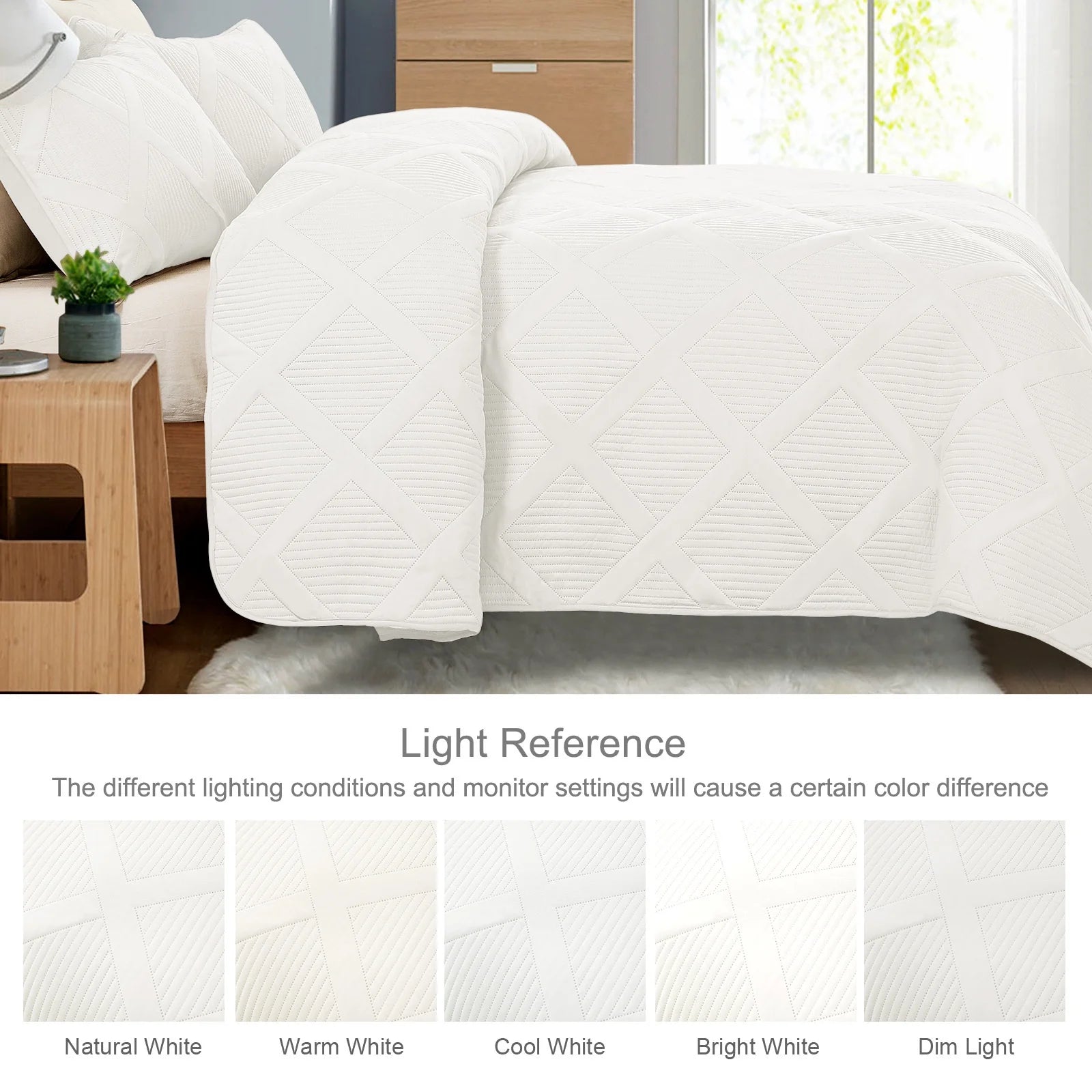 Ultrasonic King Quilt Set, 3 - Piece Lightweight Bedspreads Modern Striped Coverlet, White - Love All Things Home