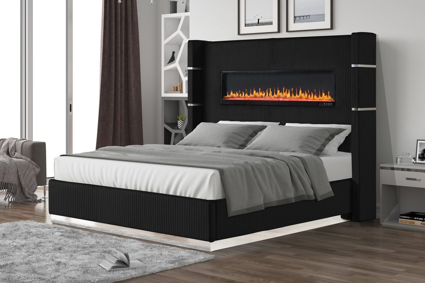Upholstery Wooden King Bed with Ambient lighting in Black Velvet Finish - Love All Things Home