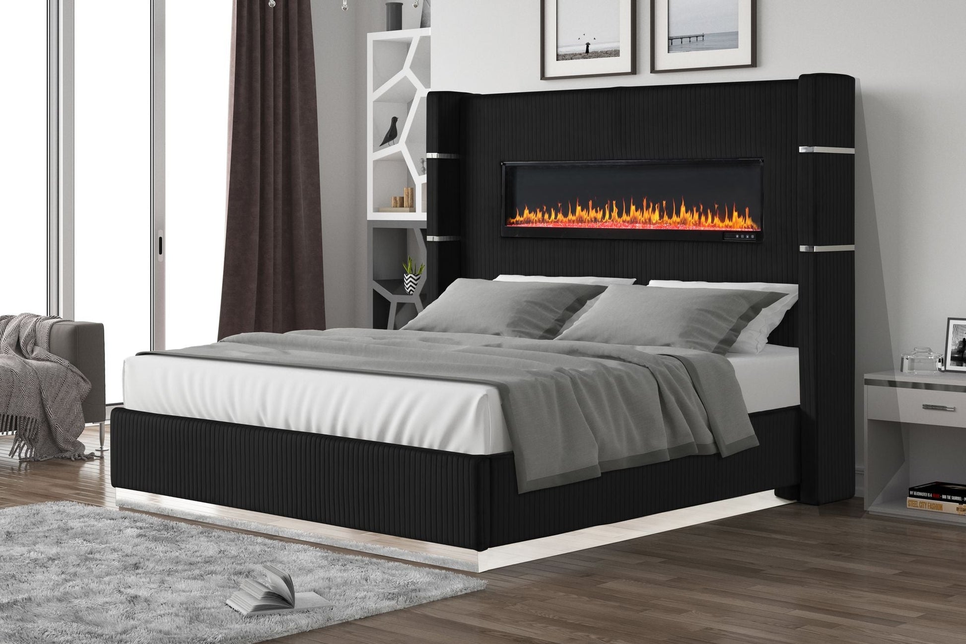 Upholstery Wooden King Bed with Ambient lighting in Black Velvet Finish - Love All Things Home