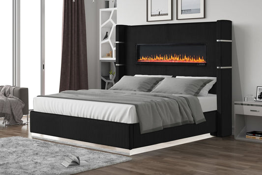 Upholstery Wooden King Bed with Ambient lighting in Black Velvet Finish - Love All Things Home