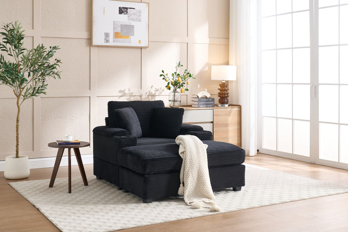 [VIDEO/New]Corduroy Upholstered Chaise Lounge Sofa with Handrail storage,Movable ottoman,Cupholders,Detachable Cushions Deep Seat for Living Room Office,5 colour,Wide stripe corduroy - Love All Things Home