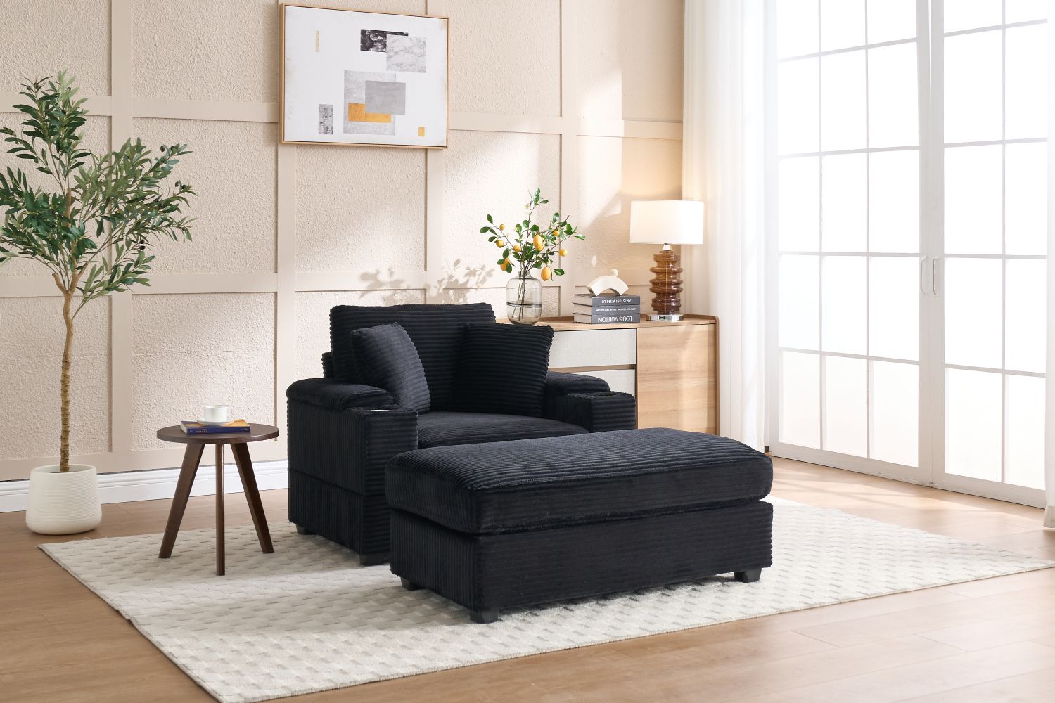 [VIDEO/New]Corduroy Upholstered Chaise Lounge Sofa with Handrail storage,Movable ottoman,Cupholders,Detachable Cushions Deep Seat for Living Room Office,5 colour,Wide stripe corduroy - Love All Things Home