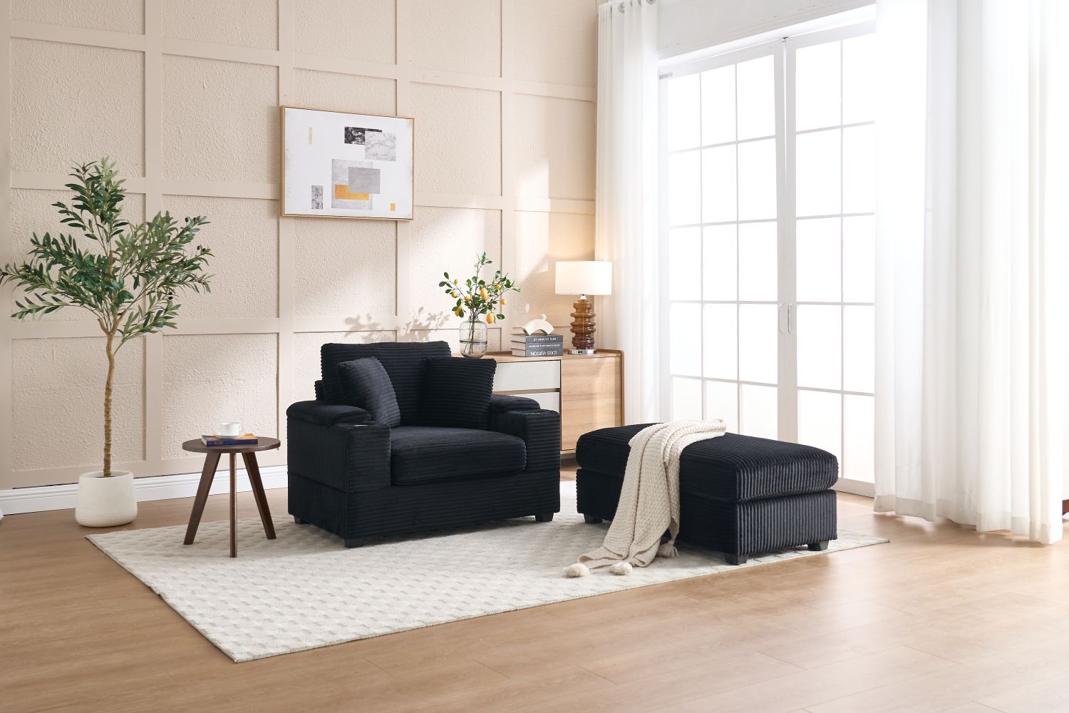 [VIDEO/New]Corduroy Upholstered Chaise Lounge Sofa with Handrail storage,Movable ottoman,Cupholders,Detachable Cushions Deep Seat for Living Room Office,5 colour,Wide stripe corduroy - Love All Things Home