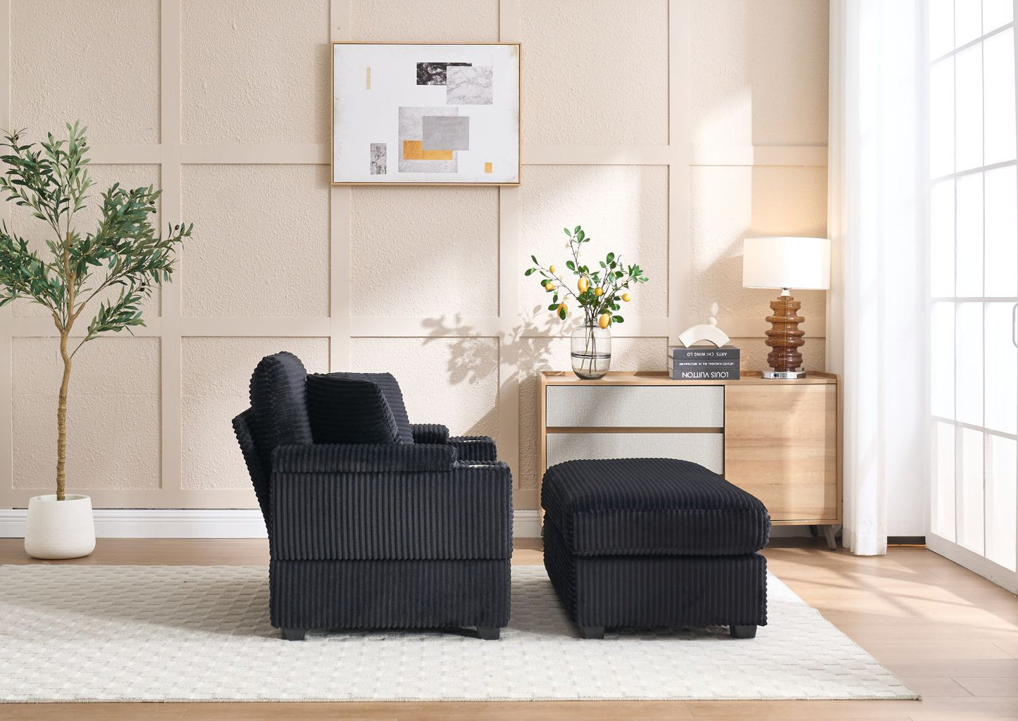 [VIDEO/New]Corduroy Upholstered Chaise Lounge Sofa with Handrail storage,Movable ottoman,Cupholders,Detachable Cushions Deep Seat for Living Room Office,5 colour,Wide stripe corduroy - Love All Things Home