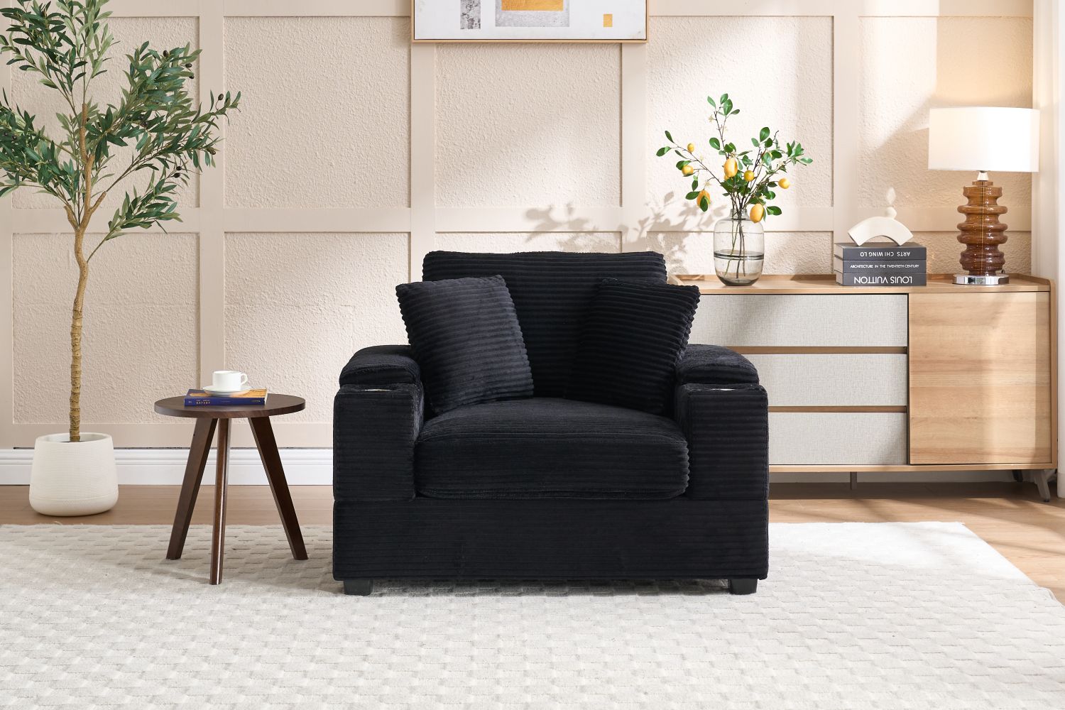 [VIDEO/New]Corduroy Upholstered Chaise Lounge Sofa with Handrail storage,Movable ottoman,Cupholders,Detachable Cushions Deep Seat for Living Room Office,5 colour,Wide stripe corduroy - Love All Things Home