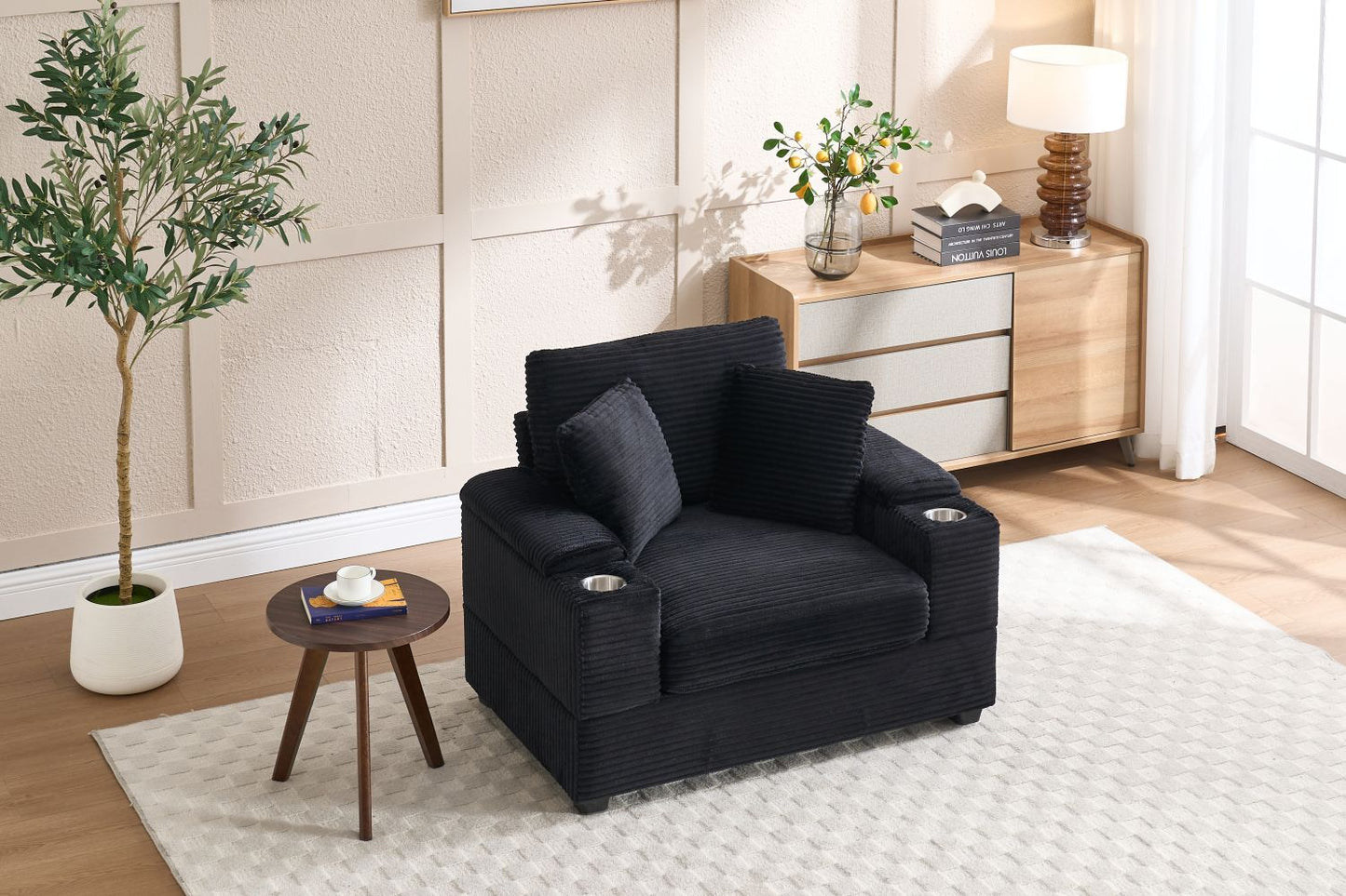 [VIDEO/New]Corduroy Upholstered Chaise Lounge Sofa with Handrail storage,Movable ottoman,Cupholders,Detachable Cushions Deep Seat for Living Room Office,5 colour,Wide stripe corduroy - Love All Things Home