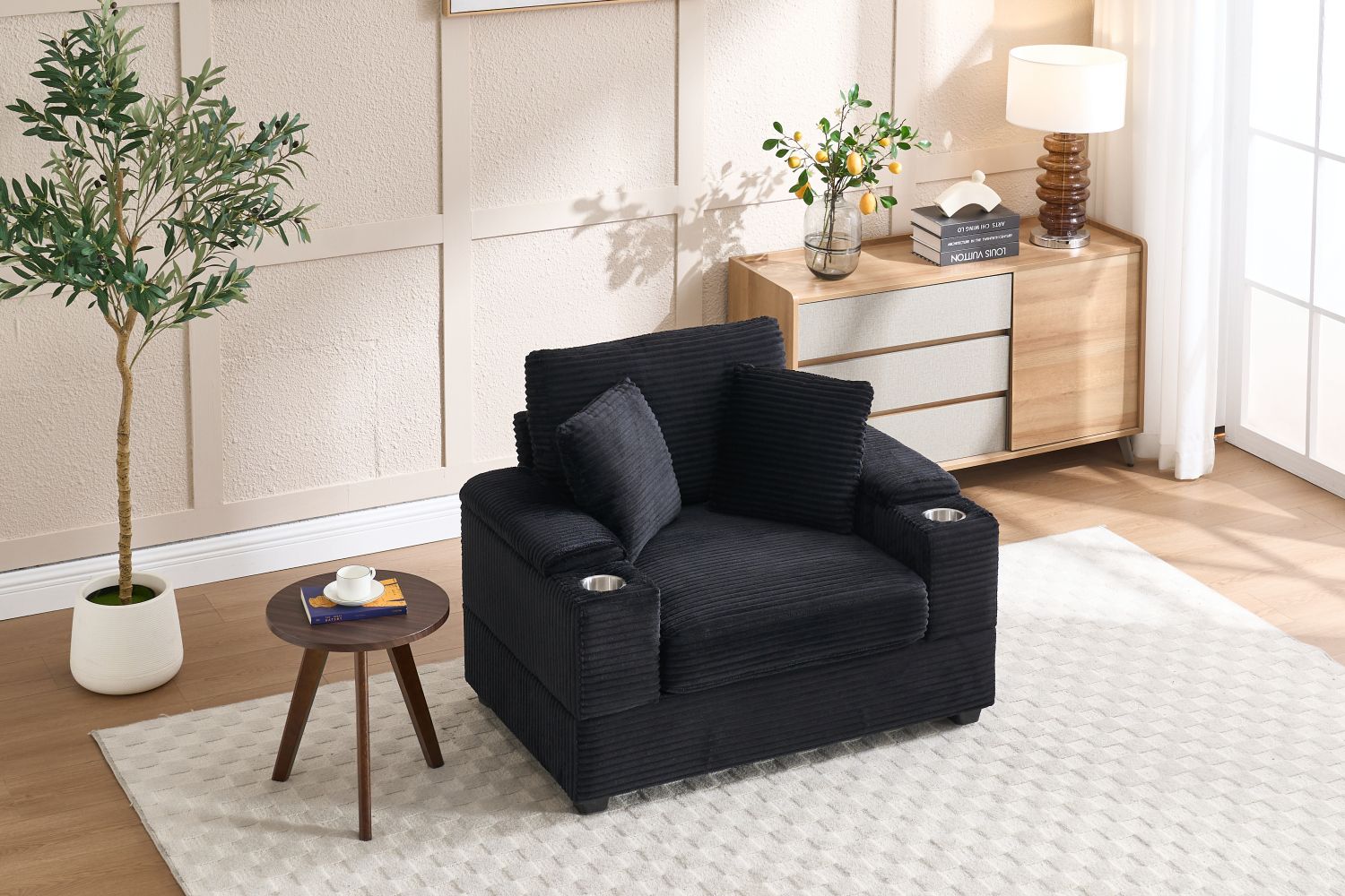 [VIDEO/New]Corduroy Upholstered Chaise Lounge Sofa with Handrail storage,Movable ottoman,Cupholders,Detachable Cushions Deep Seat for Living Room Office,5 colour,Wide stripe corduroy - Love All Things Home