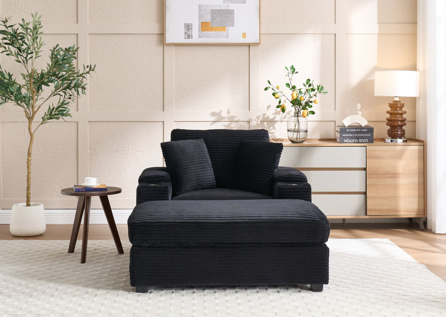 [VIDEO/New]Corduroy Upholstered Chaise Lounge Sofa with Handrail storage,Movable ottoman,Cupholders,Detachable Cushions Deep Seat for Living Room Office,5 colour,Wide stripe corduroy - Love All Things Home