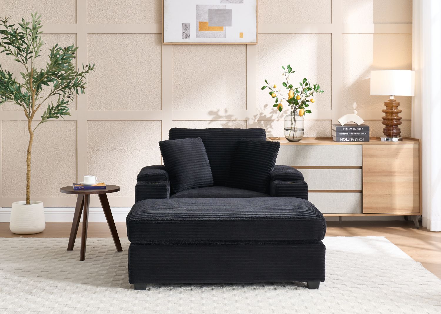 [VIDEO/New]Corduroy Upholstered Chaise Lounge Sofa with Handrail storage,Movable ottoman,Cupholders,Detachable Cushions Deep Seat for Living Room Office,5 colour,Wide stripe corduroy - Love All Things Home