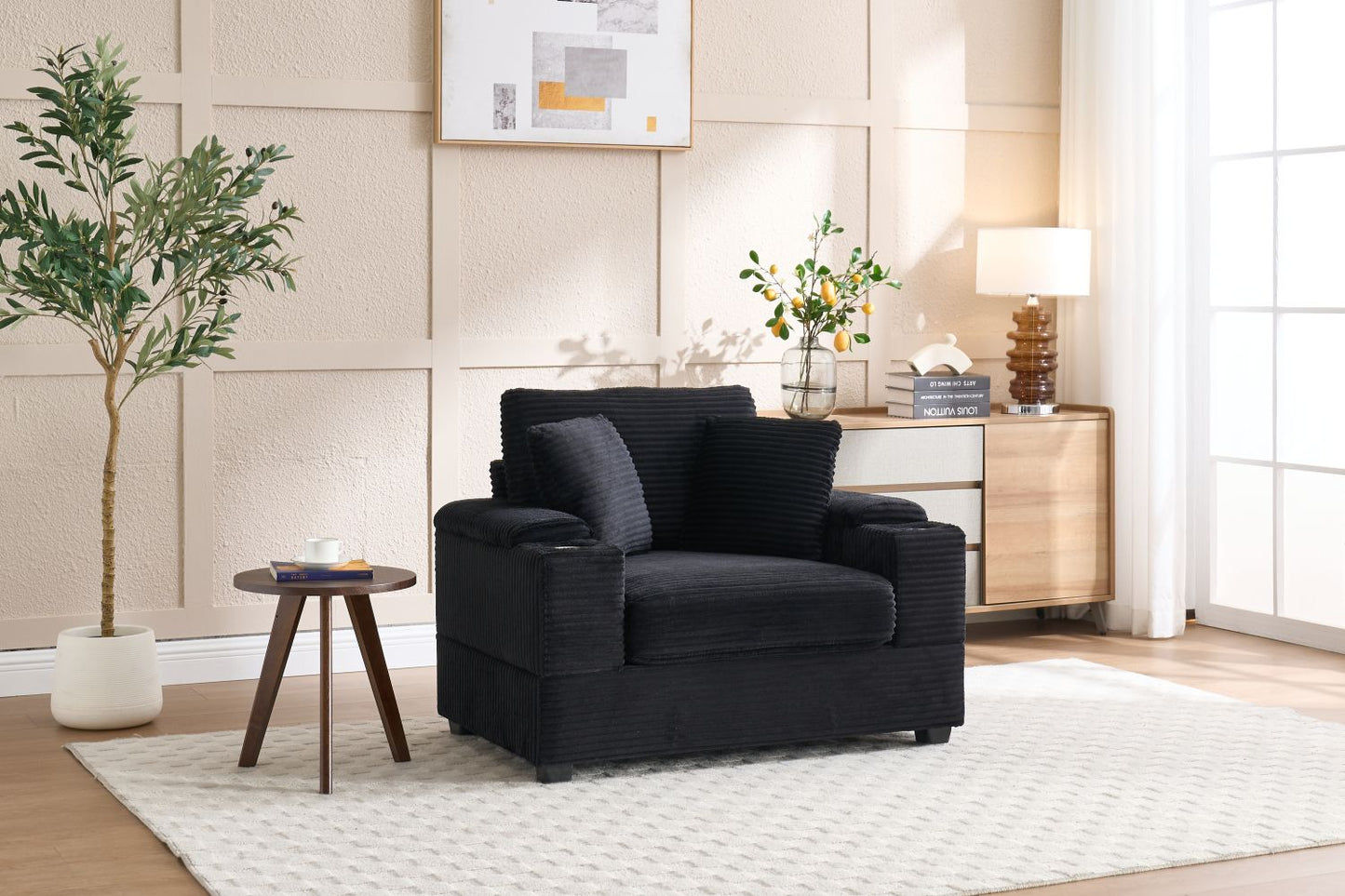 [VIDEO/New]Corduroy Upholstered Chaise Lounge Sofa with Handrail storage,Movable ottoman,Cupholders,Detachable Cushions Deep Seat for Living Room Office,5 colour,Wide stripe corduroy - Love All Things Home