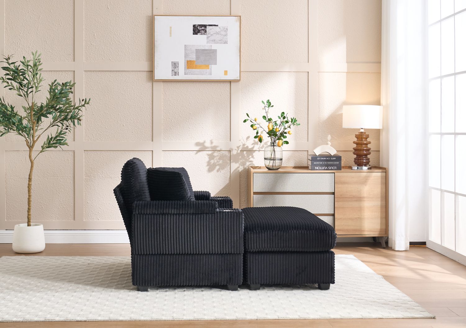 [VIDEO/New]Corduroy Upholstered Chaise Lounge Sofa with Handrail storage,Movable ottoman,Cupholders,Detachable Cushions Deep Seat for Living Room Office,5 colour,Wide stripe corduroy - Love All Things Home