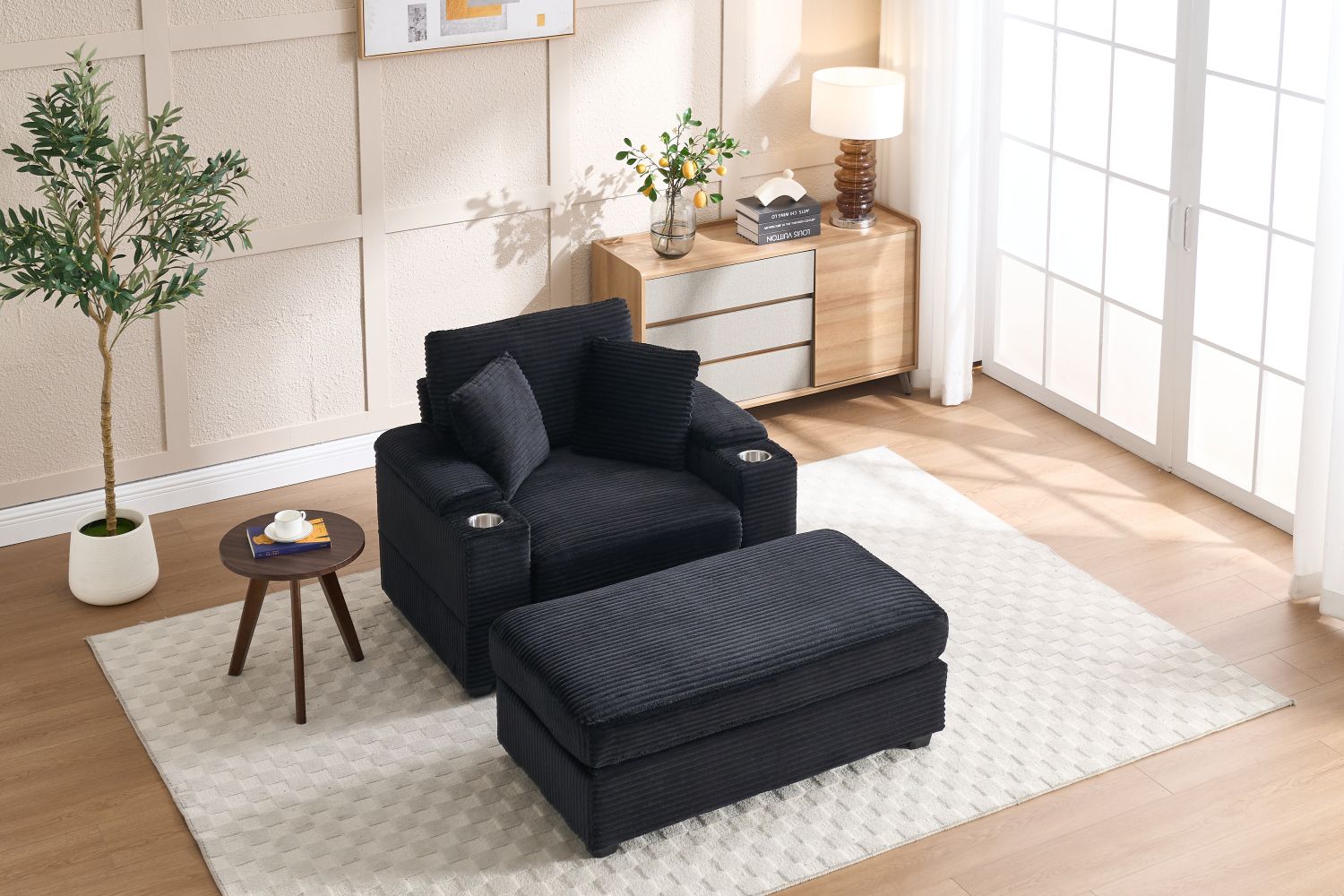 [VIDEO/New]Corduroy Upholstered Chaise Lounge Sofa with Handrail storage,Movable ottoman,Cupholders,Detachable Cushions Deep Seat for Living Room Office,5 colour,Wide stripe corduroy - Love All Things Home