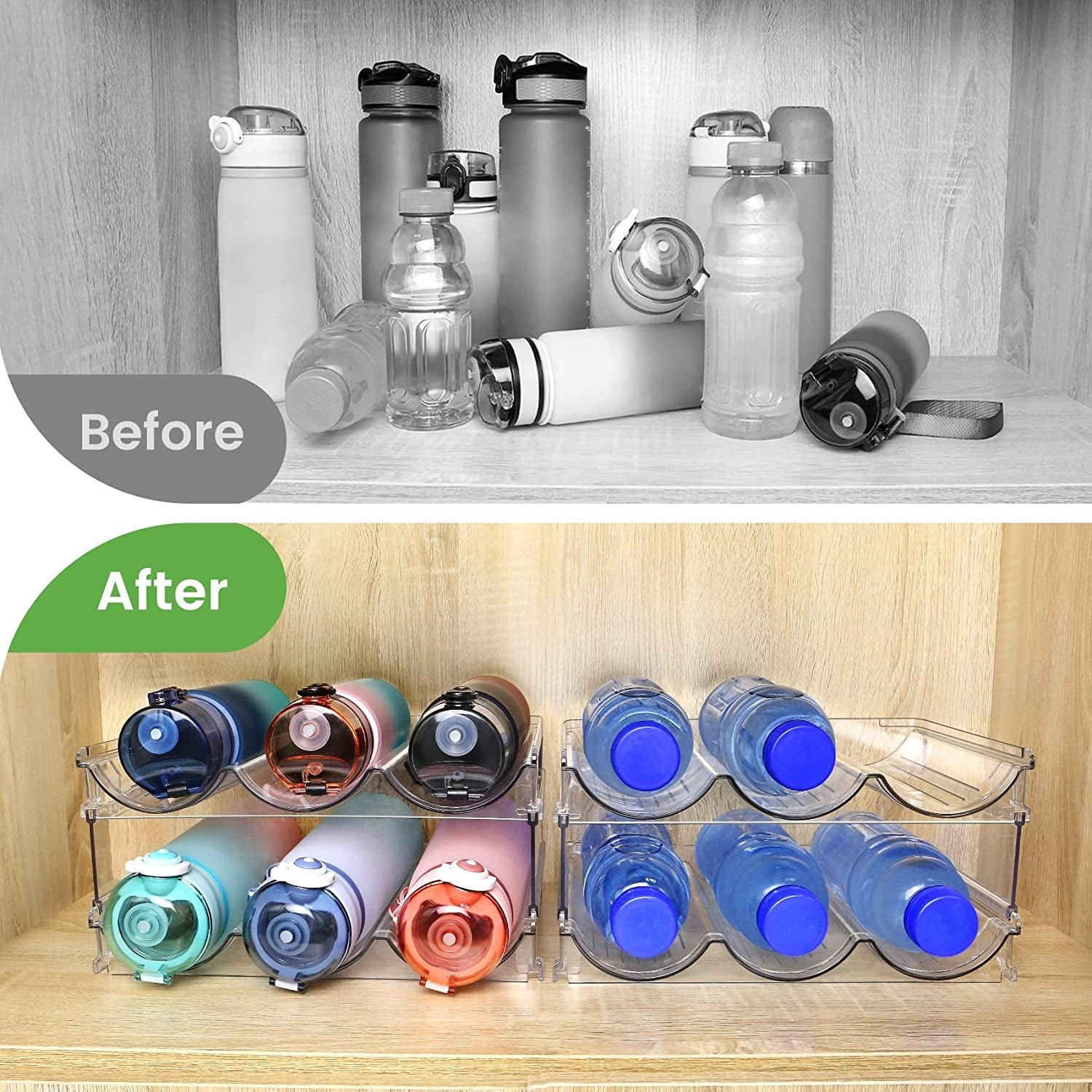 Water Bottle Organizer for Cabinet, Water Bottle Storage Organizer, 2 Packs Water Bottle Storage Rack, Water Bottle Holder for Cabinet, Stackable Water Bottle Storage Rack - Love All Things Home