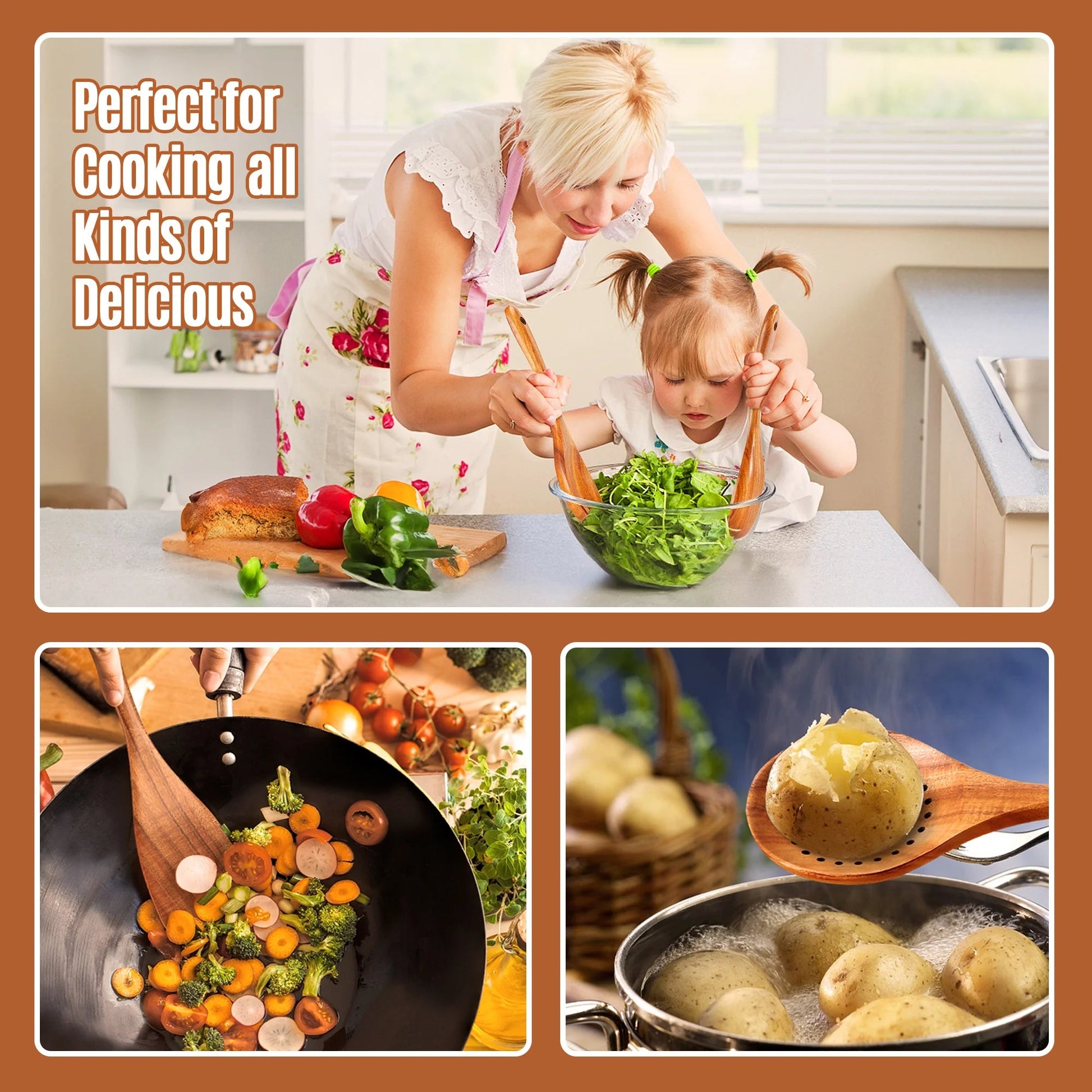 Wooden Spoons for Cooking, 9 Pcs Natural Teak Kitchen Utensil Set with Utensils Holder & Spoon Rest, Wooden Cooking Utensils for Nonstick Pans & Cookware - Love All Things Home