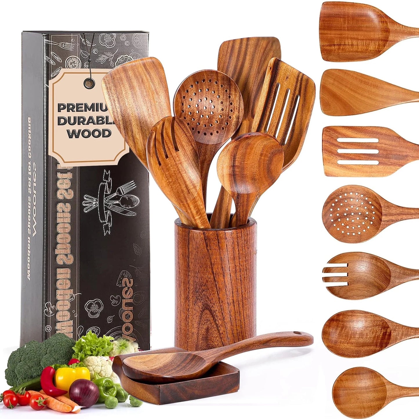 Wooden Spoons for Cooking, 9 Pcs Natural Teak Kitchen Utensil Set with Utensils Holder & Spoon Rest, Wooden Cooking Utensils for Nonstick Pans & Cookware - Love All Things Home
