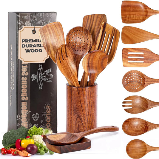 Wooden Spoons for Cooking, 9 Pcs Natural Teak Kitchen Utensil Set with Utensils Holder & Spoon Rest, Wooden Cooking Utensils for Nonstick Pans & Cookware - Love All Things Home