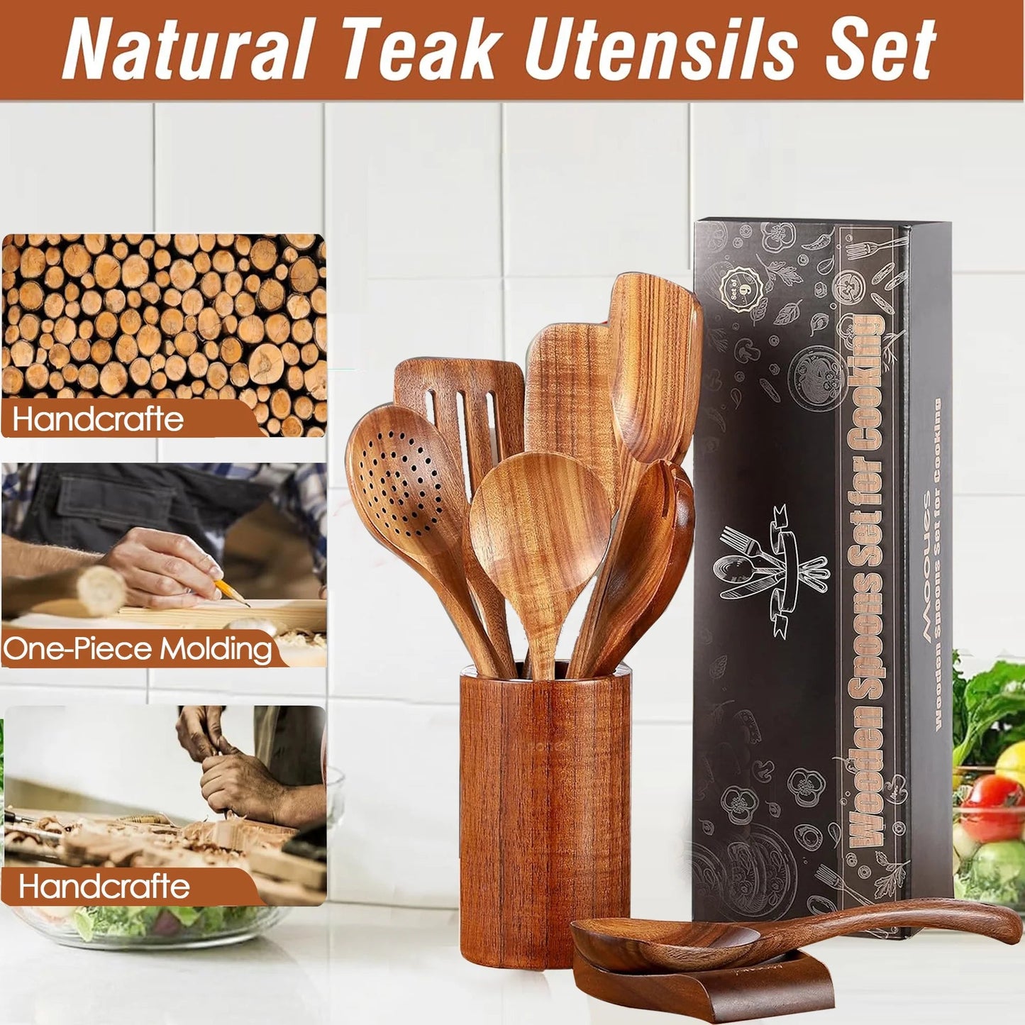 Wooden Spoons for Cooking, 9 Pcs Natural Teak Kitchen Utensil Set with Utensils Holder & Spoon Rest, Wooden Cooking Utensils for Nonstick Pans & Cookware - Love All Things Home