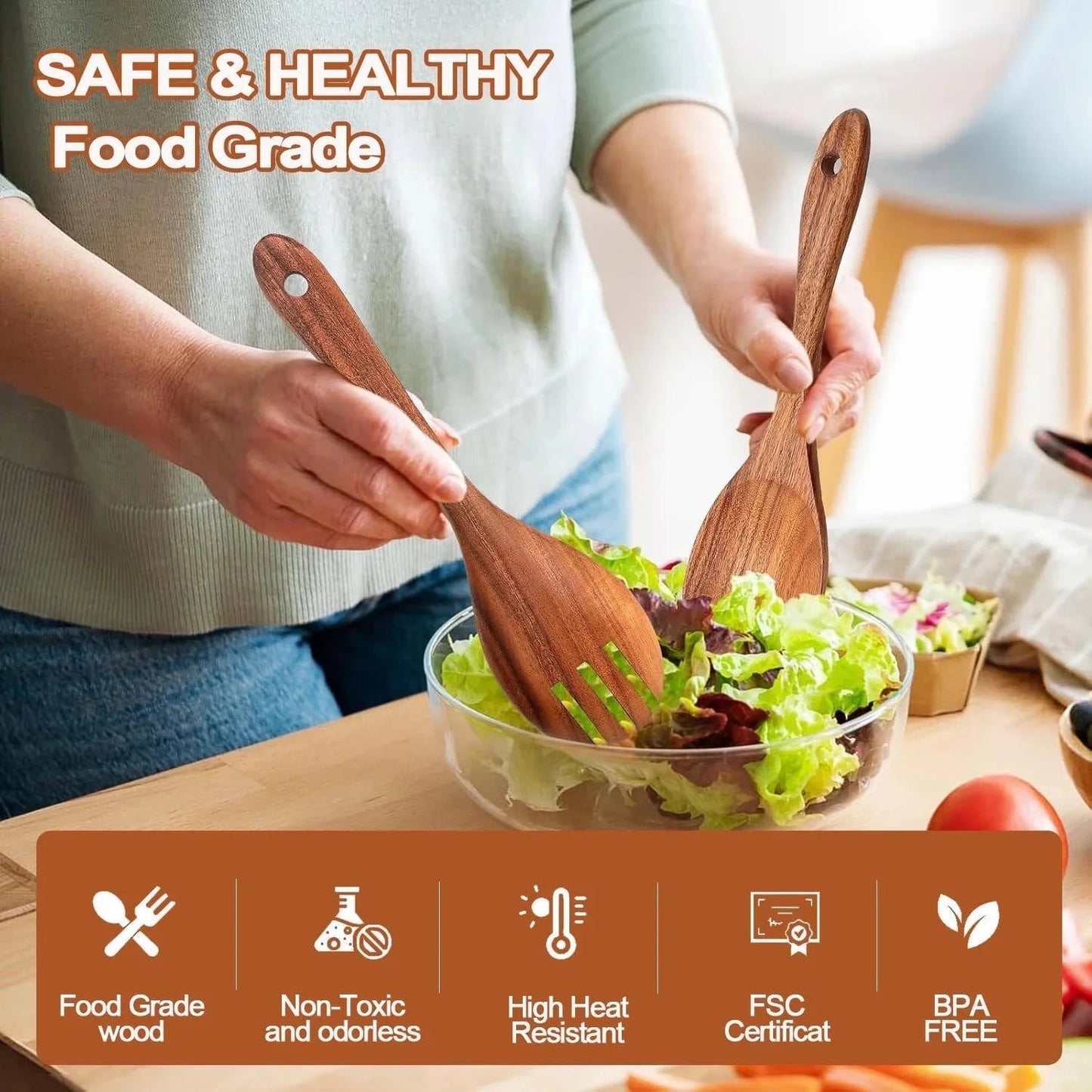 Wooden Spoons for Cooking, 9 Pcs Natural Teak Kitchen Utensil Set with Utensils Holder & Spoon Rest, Wooden Cooking Utensils for Nonstick Pans & Cookware - Love All Things Home