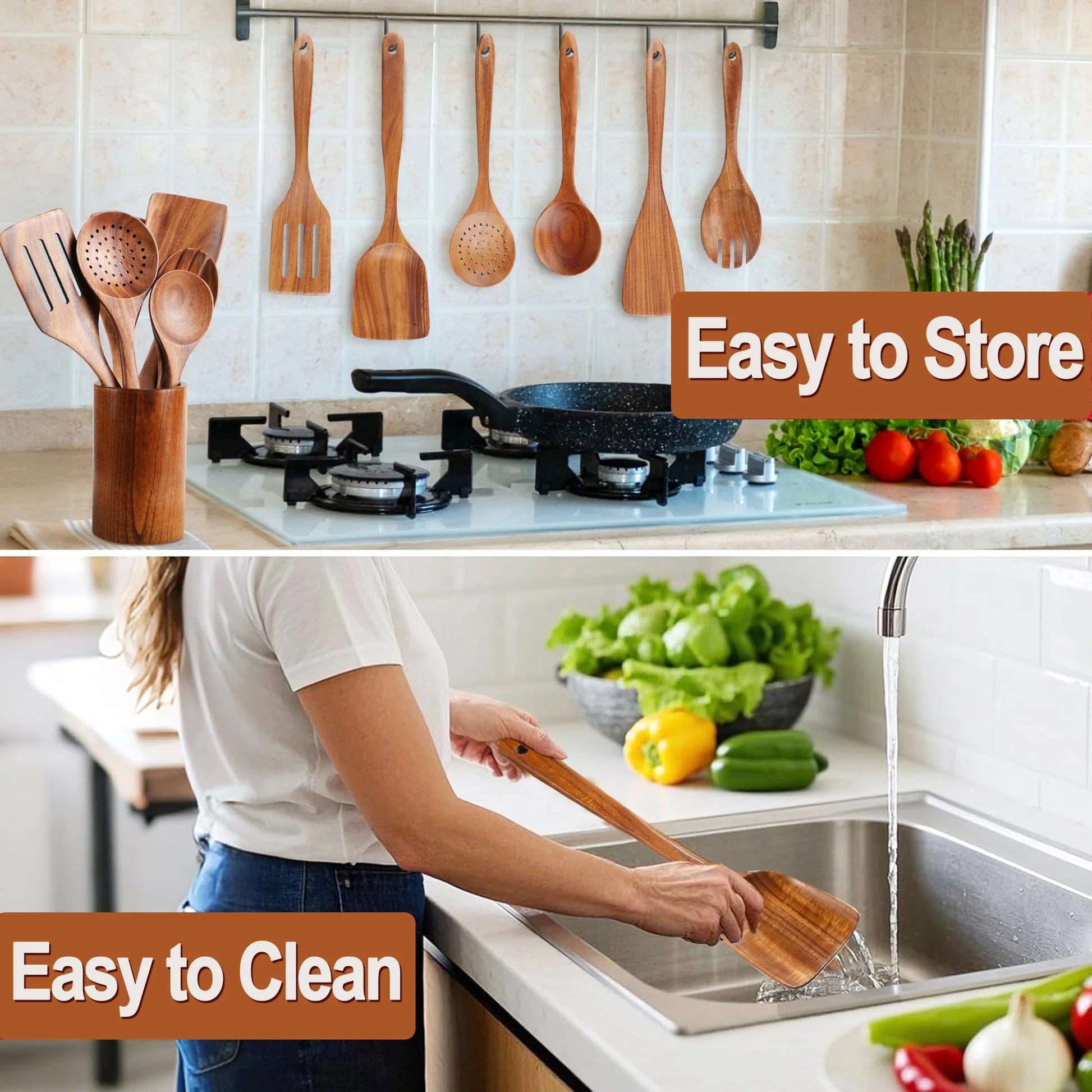 Wooden Spoons for Cooking, 9 Pcs Natural Teak Kitchen Utensil Set with Utensils Holder & Spoon Rest, Wooden Cooking Utensils for Nonstick Pans & Cookware - Love All Things Home